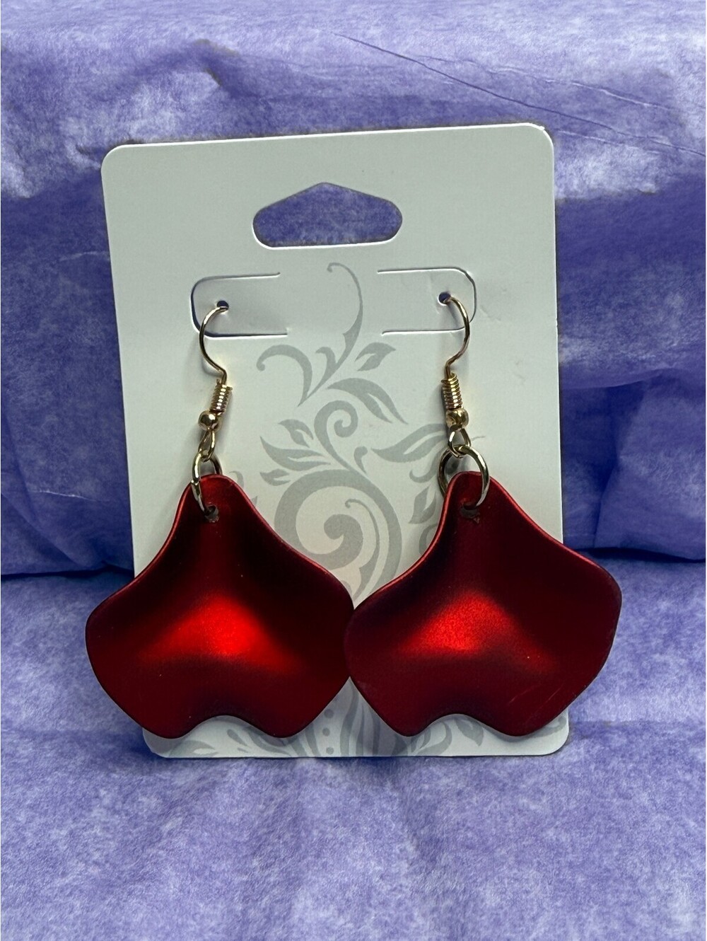 Red Metallic Petal Statement Dangle Earrings 2”